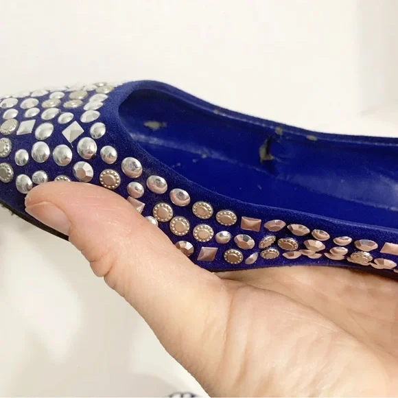Candies Faux Suede Covered in Silver Toned Studs Rounded Toe Ballet Flats Royal - Picture 11 of 13